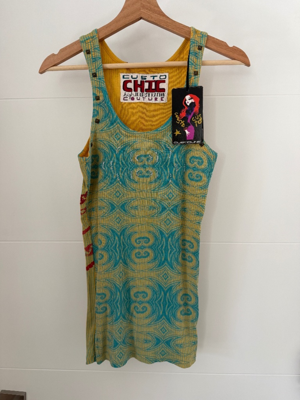 NWT Vintage Custo Barcelona Tank Top Yellow Teal Psychedelic Graphic Studs 4 L